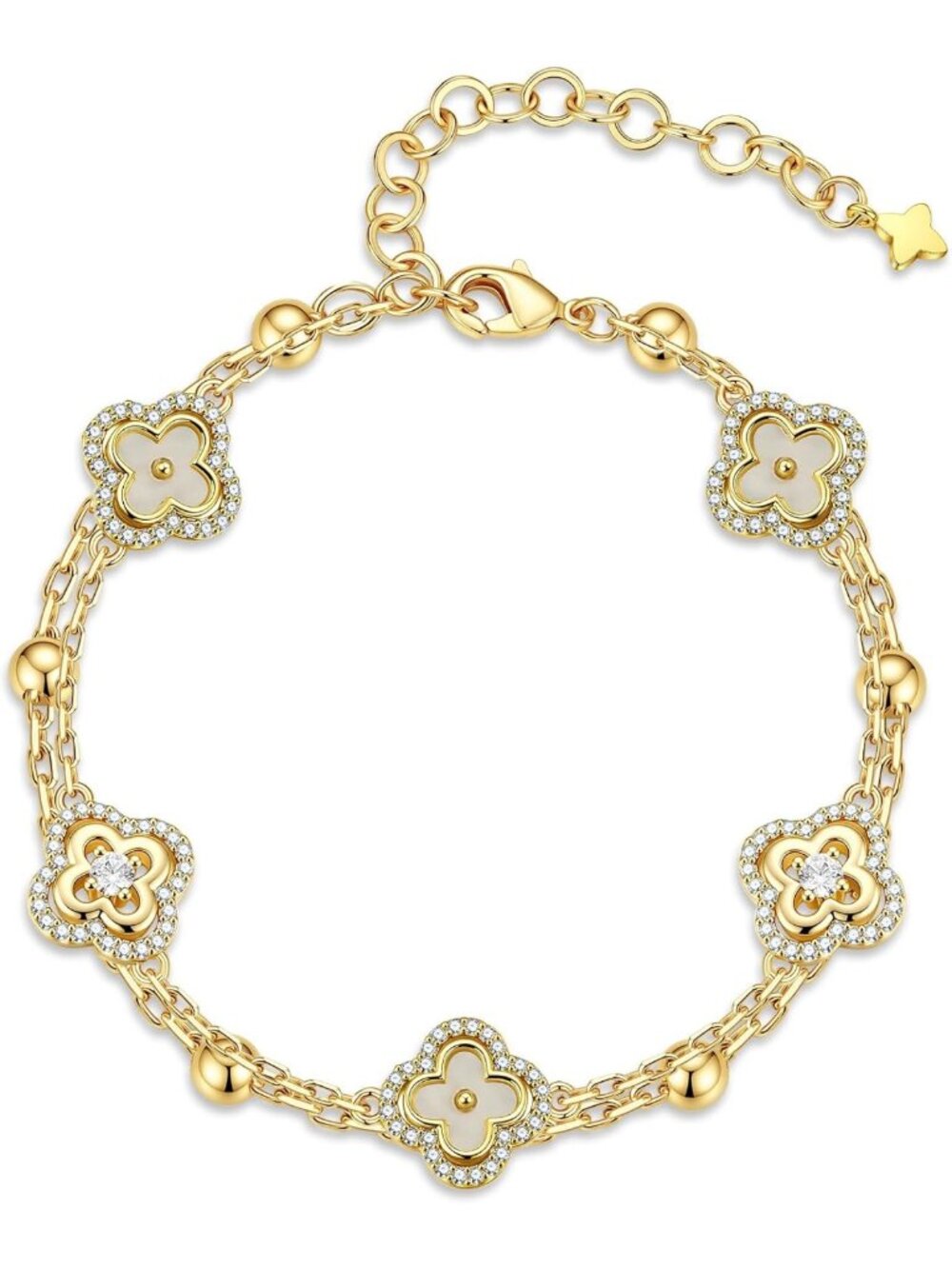 14K Gold Plated Four Leaf Clover Bracelet | Colorful CZ Charm Jewelry Gift for